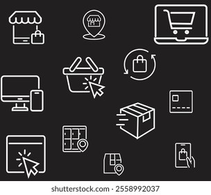 Set of Shopping icon online purchase shopping symbol outline style illustration vector design. Shopping icon set. Solid icons vector collection with transparent background.