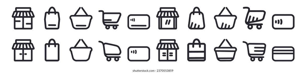 Set shopping  icon. Online store, shop, basket, bag, shopping cart.  Vector illustration isolated on white background. For sale, add, app, credit card, payment.