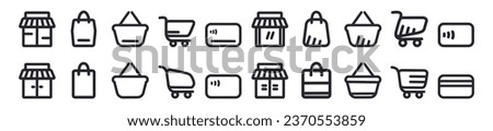 Set shopping  icon. Online store, shop, basket, bag, shopping cart.  Vector illustration isolated on white background. For sale, add, app, credit card, payment.