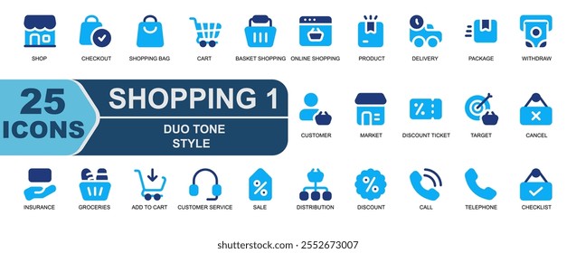 Set Shopping Icon.Blue Duo Tone Style.Contiene Completar compra, comprar, bolso de compras, Carrito, tienda, boleto de descuento, objetivo, objetivo, lista de verificación, abierto.
