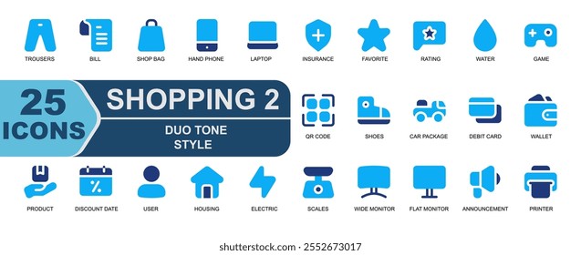 Set Shopping Icon.Blue Duo Tone Style.Contiene Completar compra, comprar, bolso de compras, Carrito, tienda, boleto de descuento, objetivo, objetivo, lista de verificación, abierto.
