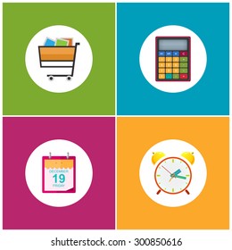 Set of Shopping Icons , Budgeting , Cart , Basket for Purchases  , Leaf of a Calendar, Calculator, Alarm Clock, Vector Illustration