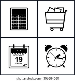 Set of Shopping Icons , Budgeting , Isolated on White Background,  Cart or Basket for Purchases  , Leaf of a Calendar and Calculator, Alarm Clock, Black and White Vector Illustration