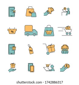 Juego de iconos de compras. Colección de iconos web para tienda en línea, Acto de vector editable Pixel. para diseño de sitios web, aplicación móvil, logotipo.