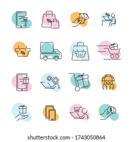 Set of shopping icons. Collection of web icons for online store, vector stroke Pixel. for website design, mobile app, logo.