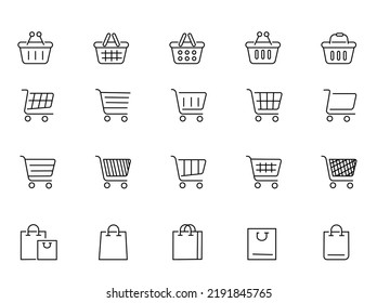 Juego de iconos de compras. Colección de iconos web para tienda online, de varios iconos de carrito en varias formas. Razo vector modificable.