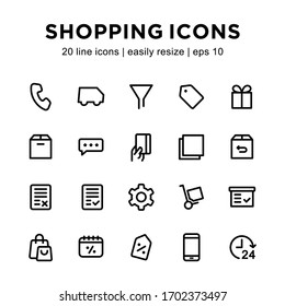 Set of shopping icons, containing shopping bag icons, filters, payments, shipping items, settings and more with a white background.