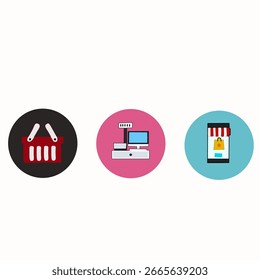 Set von Einkaufssymbolen im flachen Designstil. Umfasst einen roten Warenkorb, eine Kasse und ein Smartphone mit Online-Shop-Schnittstelle. Perfekt für E-Commerce, Einzelhandel und geschäftliche Projekte