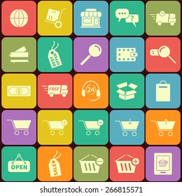 Set of shopping icons in flat design. On multicolor buttons. Vector illustration