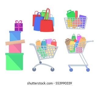 Set of shopping icons in flat design. Supermarket trolley with goods, shopping bags and gift boxes vector illustrations isolated on white background. For e-commerce and online shopping apps
