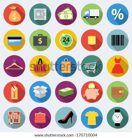 Set of shopping icons in flat design with long shadows Part 1