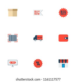 Set of shopping icons flat style symbols with wallet, advertising, box and other icons for your web mobile app logo design.