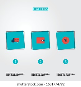 Conjunto de iconos de compras símbolos de estilo plano con entrega, venta, cartera y otros iconos para el diseño del logo de tu aplicación móvil web.