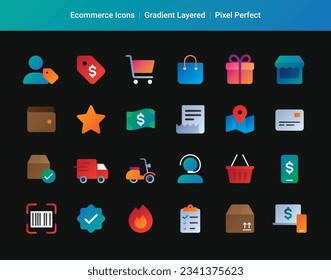 Set of shopping icons in gradient style. Editable layer. Сollection of web icons for online store, such as discounts, delivery, price tag, payment, app store, coupon, shopping cart.
