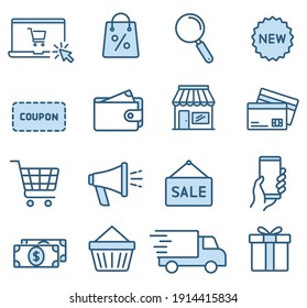 Set of shopping icons in line style. Сollection of web icons for online store, such as discounts, delivery, magnifying glass, payment, app store, coupon, shopping cart. Editable vector illustration