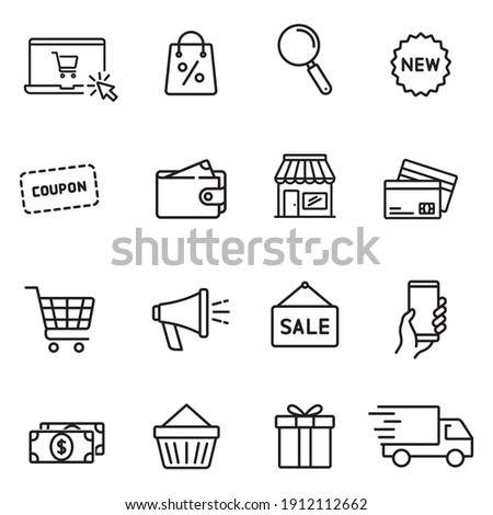 Set of shopping icons in line style. Сollection of web icons for online store, such as discounts, delivery, magnifying glass, payment, app store, coupon, shopping cart. Editable vector illustration