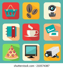 Set of shopping icons with long shadow effect. Vector illustration