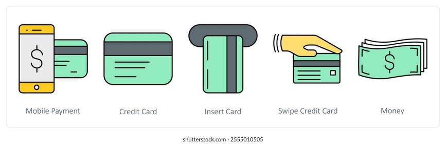 A set of shopping icons as mobile payment, credit card, insert card