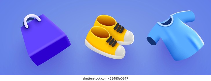 Set von Shopping-Icons-Objekten. Einkaufstasche, Turnschuhe und T-Shirt. Vektorgrafik