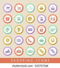Set of Shopping Icons on Circular Colored Buttons. Vector Isolated Elements.