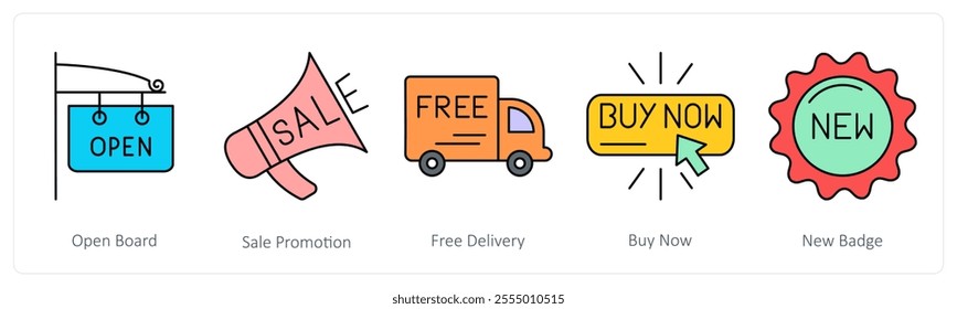 A set of shopping icons as open board, sale promotion, free delivery