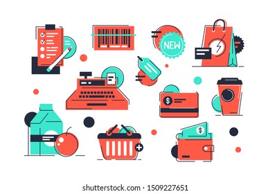 Set shopping icons of products and market equipment. Concept collection modern symbols for store and score, internet, ad, web. Pixel perfect. Vector illustration.