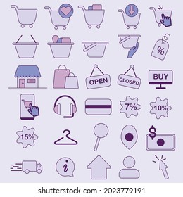 Set of shopping icons purple, lilac, online shopping, delivery, e-commerce, buy, shop, cart, pay, discounts.