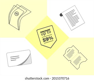 Set of shopping icons and sight concept. Vector icons for 3-sheet money, shopping note, credit card, voucher, discount sign.