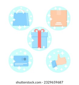 Set of shopping icons with sparkles on a white background. Blue and red. Flat design illustration. Vector graphics