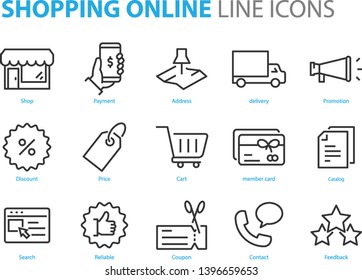 set of shopping icons, such as marketing, payment, cart, delivery, promotion, discount, promotion, shopping online