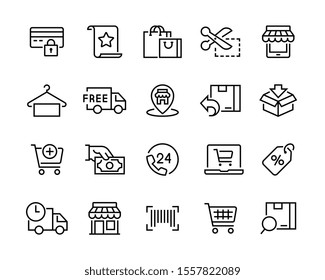 Set Of Shopping Icons. Сollection Of Web Icons For Online Store, Such As Discounts, Delivery, Contacts, Payment, App Store, Location, Shopping Cart. Editable Vector Stroke 96x96 Pixel 