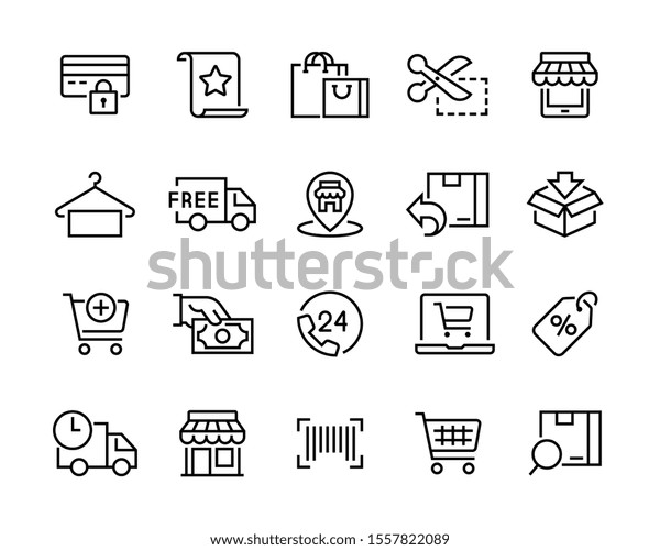 Set of\
shopping icons. Сollection of web icons for online store, such as\
discounts, delivery, contacts, payment, app store, location,\
shopping cart. Editable vector stroke 96x96 pixel\
