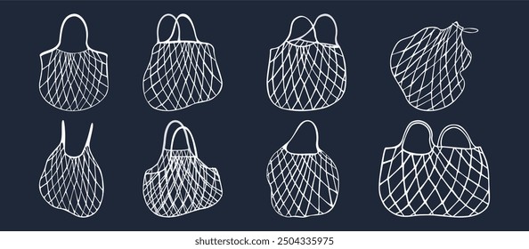 Set of shopping illustrations, net bags, and cloth bags in a hand-drawn style. Can be used in stores, markets, bags, shoulder bags, in doodle style, and reusable. Its simple design is easy to edit.