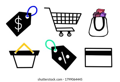 set of shopping images, price tag, discount tag, shopping cart, shopping bag, shopping basket, credit card, elements isolated on white background, vector illustration flat design