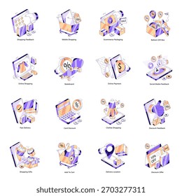 Conjunto de ilustrações isométricas de compras