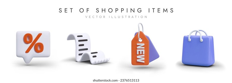 Set of shopping items for store. 3d realistic sign of percent, cash receipt, discount tag and shopping bag. Time to shop. Vector illustration in realistic 3d style