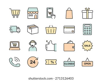 Conjunto de icono de línea de compras - comercio electrónico, entrega y venta. Ilustración vectorial de color
