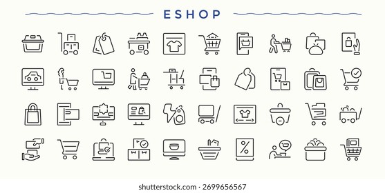 Set of Shopping line icon. Pack of discount, business, shopping bag, cart, store, supermarket and more. Trendy minimal icons. Buy icon. Signs for web and mobile app.