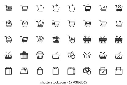 set of shopping line icons, shopping cart, shopping basket, shopping bags