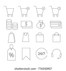 Set of Shopping Line Icons. Shppping cart, bag, credit card and money