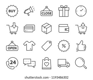 set of shopping line icons such as , delivery, shop, pay, e-commerce