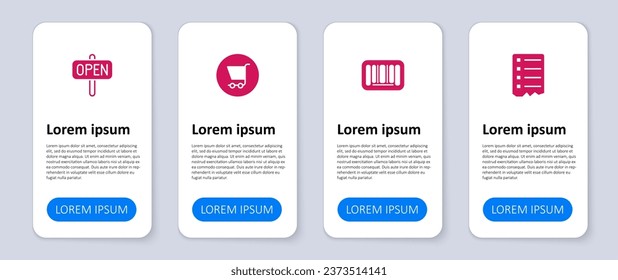 Set Shopping list, Barcode, cart and Hanging sign with text Open. Business infographic template. Vector