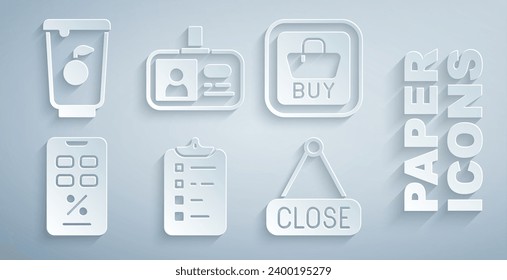 Set Shopping list, Buy button, Percent discount and mobile, Hanging sign with Closed, Identification badge and Yogurt container icon. Vector
