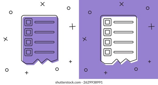 Setzen Sie das Symbol der Einkaufsliste einzeln auf weißem und violettem Hintergrund.  Vektorgrafik