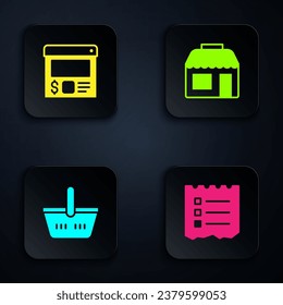 Establecer lista de compras, pedidos y entregas en línea, cesta y tienda de mercado. Botón cuadrado negro. Vector