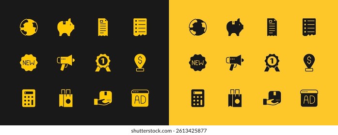 Set Shopping list, Paper shopping bag, Medal, Delivery hand with box, Megaphone, Financial check, Worldwide and Piggy bank icon. Vector