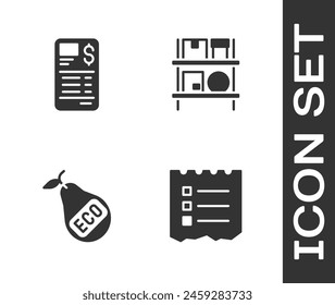 Set Shopping list, Paper or financial check, Healthy organic pear and Warehouse interior with boxes icon. Vector