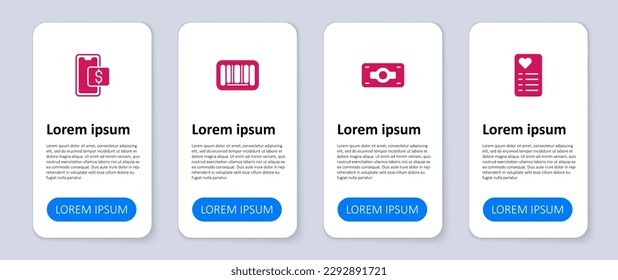 Establece la lista de compras, apila dinero en papel, código de barras y compras móviles. Plantilla de infografía empresarial. Vector