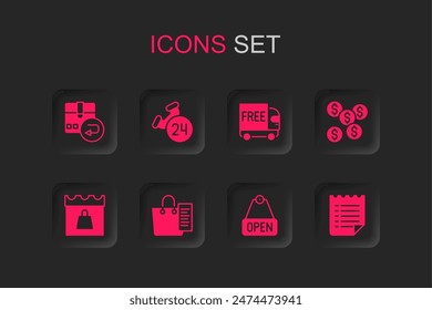Set Shopping list, Telephone 24 hours support, Return cardboard box, Hanging sign with text Open, Dollar symbol, Wish template, Free delivery service and day icon. Vector