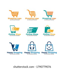 Set of shopping logo template vector for business. Online shop logo, happy shopping logo.